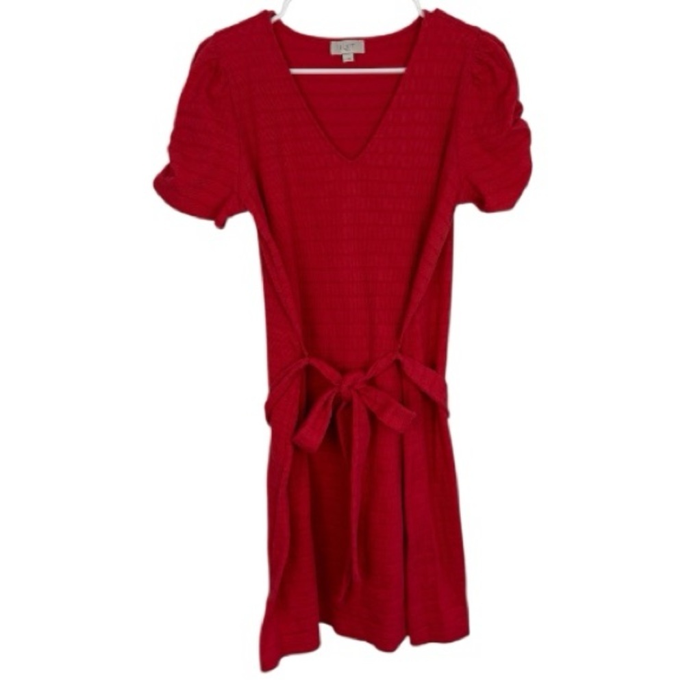 LOFT Red Ribbed Knit Dress with Waist Tie sz medium 51% cotton